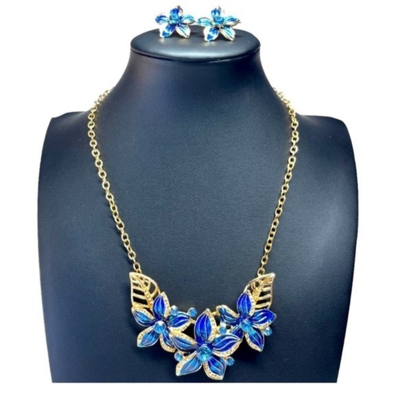 Fashion Jewelry Blue Floral Bling Rhinestone Necklace Earrings Set Unsigned #245 - Picture 9 of 12